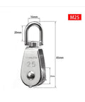 Front view of Stainless Steel Pulley M25 Single Wheel Swivel Lifting Rope Pulley Set with size specifications.