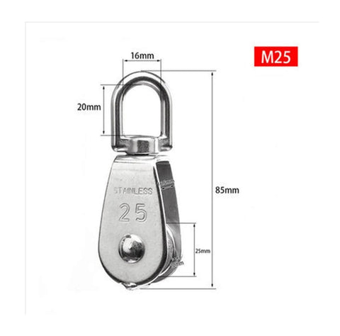 Front view of Stainless Steel Pulley M25 Single Wheel Swivel Lifting Rope Pulley Set with size specifications.