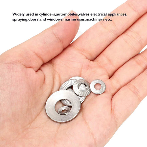 Hand holding 220 Pcs Metric M3 To M10 Stainless Conical Knurled Spring And Belleville Washers
