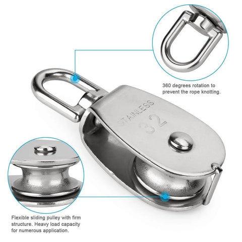 6 Pack M32 Stainless Steel Wire Rope Crane Pulley Block 551lbs Lifting Crane Swivel Hook Side View