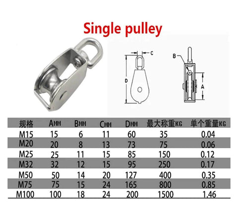 Stainless Steel Pulley M32 Single Wheel Swivel Lifting Rope Pulley Set Lifting Wheel Tools(M32) with specifications chart