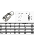 Stainless Steel Pulley M32 Single Wheel Swivel Lifting Rope Pulley Set with specifications chart and technical drawings