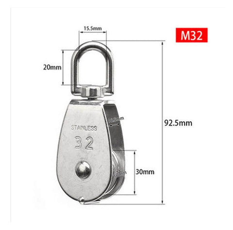 Stainless Steel Pulley M32 Single Wheel Swivel Lifting Rope Pulley Set showing dimensions and design
