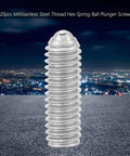 Stainless steel M4 x 12mm hex spring ball plunger screw from 20 piece set, shown with cityscape background.