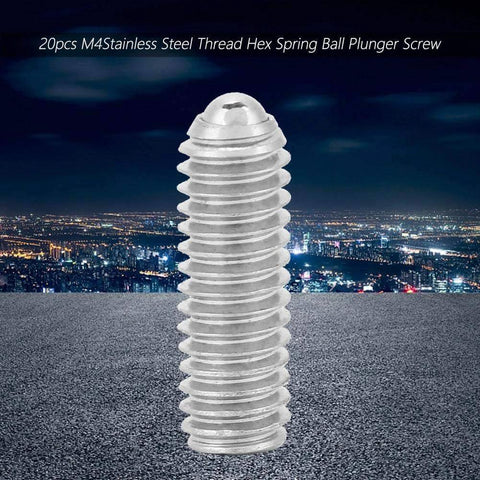 Stainless steel M4 x 12mm hex spring ball plunger screw from 20 piece set, shown with cityscape background.
