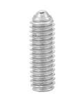 Stainless steel M4 x 12mm hex spring ball plunger screw, close-up view showing the compact flat head design for jigs and fixtures.
