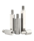 Stainless Steel M5 Standoff Screws 20mm with 8mm hex spacers for PCBs, 5-piece set displayed on a white background.