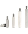Assorted Stainless Steel M5 Standoff Screws 20mm with 8mm Hex Spacers for PCBs displayed upright and lying down