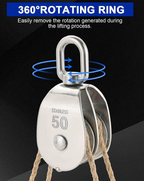 M50 Double Pulley Block Set - 304 Stainless Steel Pack of 2 | Heavy Duty Double Pulleys for Efficient Lifting with 360° rotating ring