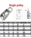 Diagram and table of Stainless Steel Pulley M50 Single Wheel Swivel Lifting Rope Pulley Set Lifting Wheel Tools(M50) measurements.