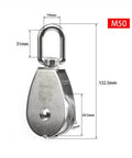 Stainless Steel Pulley M50 Single Wheel Swivel Lifting Rope Pulley Set with dimensions and 50mm wheel size