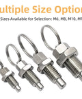 Four sizes of stainless steel pull ring indexing plungers with retractable spring for mechanical projects, highlighting the Six Pack M6 option.