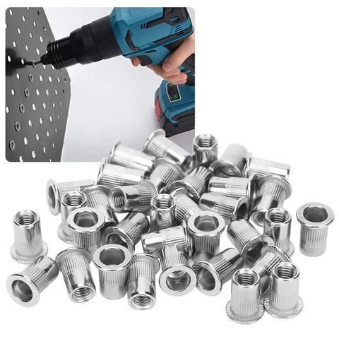 Durable 50 Piece Stainless Steel Blind Rivet Nuts Set M6 Ribbed Nuts Hardware Accessories For Automotive Electronics Furniture And Decor Projects By NDNCZDHC, showing close-up view of ribbed inserts and installation with drill.