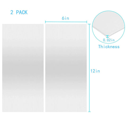 Two-pack 430 Stainless Steel Magnetic Mounting Plates 12 x 6 Inches 0.5mm Thick Mirror Finish for Kitchens and Offices with dimensions.