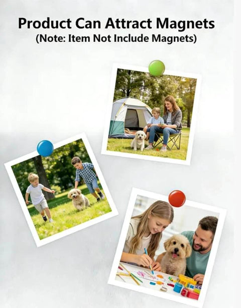 Photos attached with magnets illustrating 430 Stainless Steel Magnetic Mounting Plates 12 x 6 Inches 0.5mm Thick Mirror Finish for Kitchens and Offices.