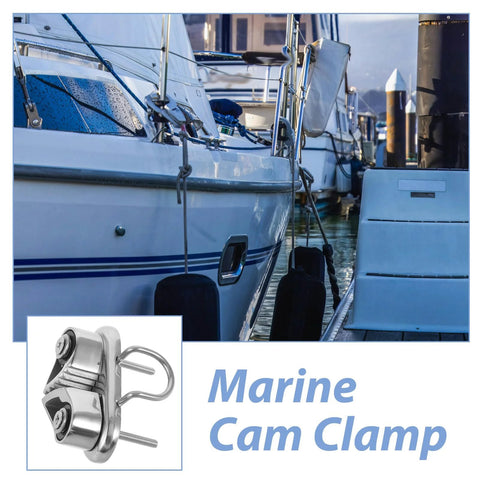 Close-up of stainless steel cam cleat for boat deck, mirror-polished marine hardware