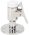 Front view of marine-grade stainless steel door catch with spring-loaded lever on circular base plate