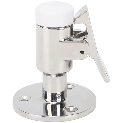 Front view of marine-grade stainless steel door catch with spring-loaded lever on circular base plate