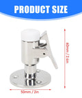 Front view: door catch, stainless steel marine-grade with lever latch on round base; 50mm diameter, 60mm tall.