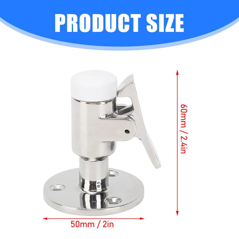 Front view: door catch, stainless steel marine-grade with lever latch on round base; 50mm diameter, 60mm tall.