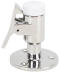Side view of marine-grade stainless steel door catch with spring lever and circular mounting plate.