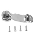 Stainless steel boat door latch hasp with mounting bracket and four screws, front view