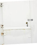 Installed white boat hatch door latch hasp; stainless steel hardware, front view.