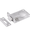Stainless steel ring-handle flush hatch cabinet pull; angled view with mounting plate, mirror-polished