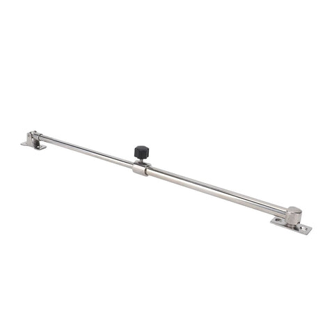 Side view of stainless steel boat hatch adjuster with mounting brackets and black adjustment knob, 248–432 mm