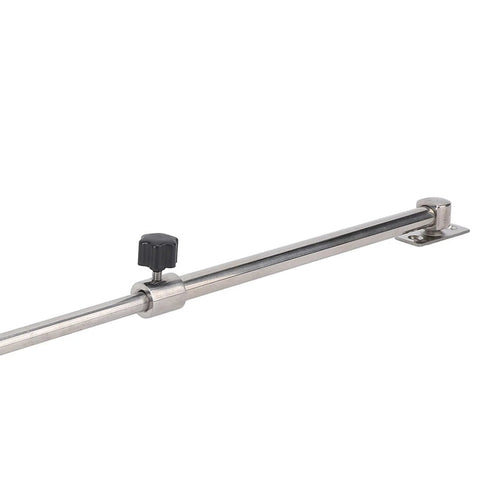 Boat hatch adjuster in stainless steel with black knob, side view, adjustable 248–432mm