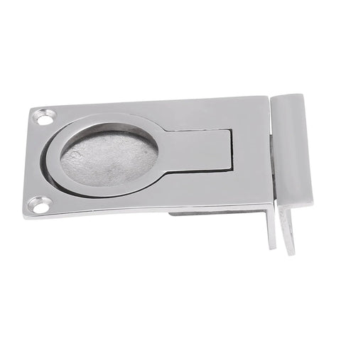 Stainless steel ring-handle flush hatch locker cabinet pull with mirror polish, front view