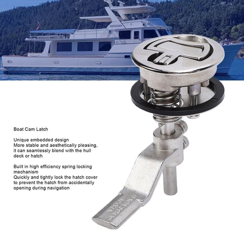 Close-up of stainless steel flush floor lock for marine hatch; chrome cam latch with spring-loaded mechanism