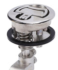 Front view of chrome stainless steel flush floor lock with spring-loaded cam latch and gasket for a marine hatch.