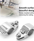 Two stainless steel hinged upper jaw rail clamps for boat rail installation, 20mm, marine grade.