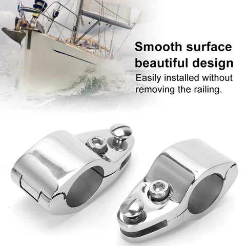 Two stainless steel hinged upper jaw rail clamps for boat rail installation, 20mm, marine grade.