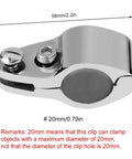 Stainless steel hinged upper jaw boat rail clamp with chrome finish, 58mm length.
