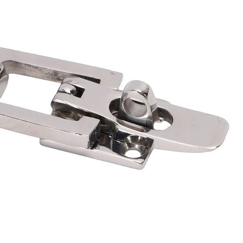 Close-up of a marine-grade 316 stainless steel boat hatch latch with center cam lock.