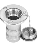 Front close-up of 38mm marine-grade 316 stainless steel refueling port with chrome flange and tethered cap