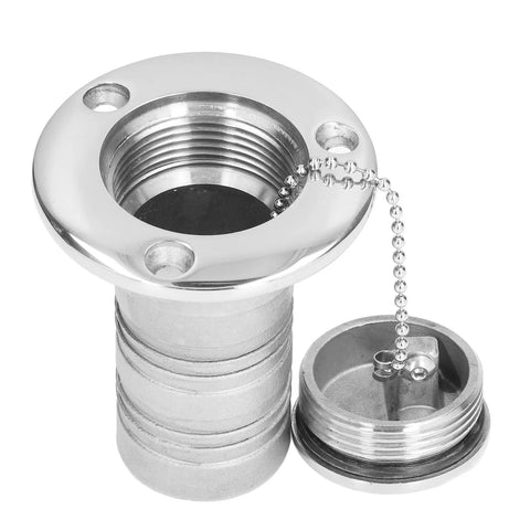 Front close-up of 38mm marine-grade 316 stainless steel refueling port with chrome flange and tethered cap