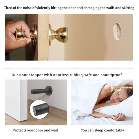 Heavy Duty 3.5 Inch Door Stop Built Tough As Nails From Stainless Steel 304 With Rubber Tip Bumper Wall Mounted Door Holder For Sound Dampening And Protection Against Scratches In A Durable Matte Black Finish shown in use on wall