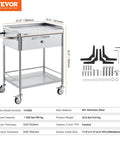 Front view of Stainless Steel Utility Cart With Wheels For Medical And Dental Labs Heavy Duty Rolling Cart With Two Shelves And One Drawer Corrosion Resistant And Easy To Clean Ideal For Clinics Sterile Storage And Lab Work, showing dimensions and components included.