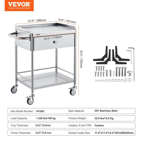 Front view of Stainless Steel Utility Cart With Wheels For Medical And Dental Labs Heavy Duty Rolling Cart With Two Shelves And One Drawer Corrosion Resistant And Easy To Clean Ideal For Clinics Sterile Storage And Lab Work, showing dimensions and components included.