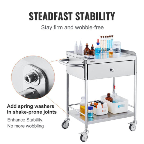 Stainless Steel Utility Cart With Wheels For Medical And Dental Labs Heavy Duty Rolling Cart With Two Shelves And One Drawer