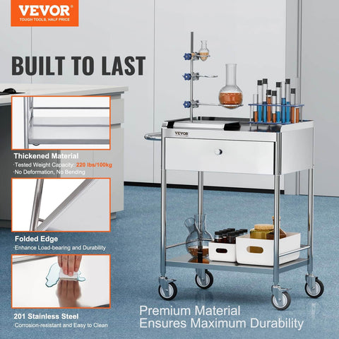 Heavy Duty Stainless Steel Medical Cart With Drawer For Lab And Clinic Use 2 Layer Utility Cart 220 Lb Weight Capacity
