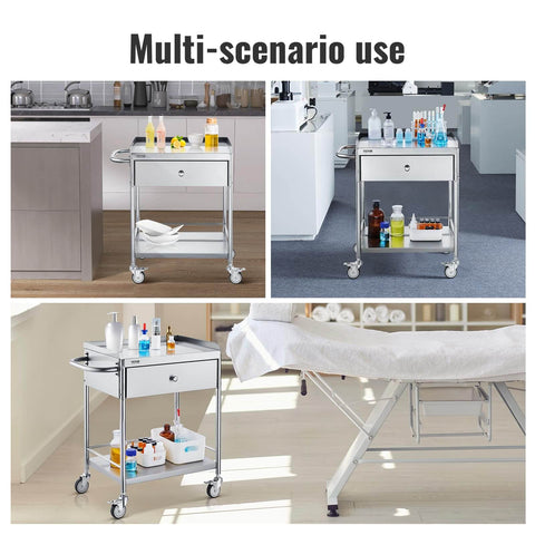 Stainless Steel Utility Cart With Wheels For Medical And Dental Labs Heavy Duty Rolling Cart With Two Shelves And One Drawer
