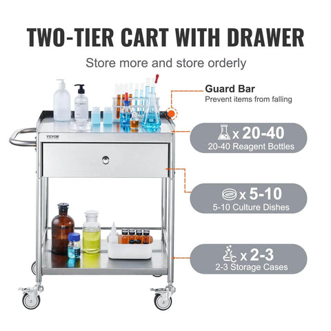 Stainless Steel Utility Cart With Wheels For Medical And Dental Labs Heavy Duty Rolling Cart With Two Shelves And One Drawer