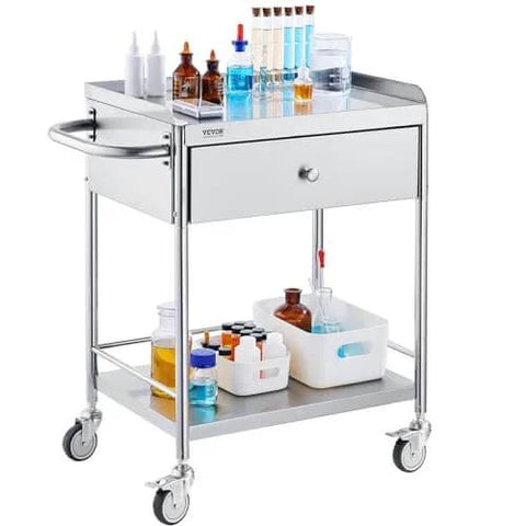 Stainless Steel Utility Cart With Wheels For Medical And Dental Labs Heavy Duty Rolling Cart With Two Shelves And One Drawer