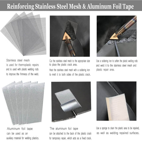 Reinforcing stainless steel mesh and aluminum foil tape from 106 Pieces Plastic Welding Rods Kit With 12 Color Rods For Car Bumper And Kayak Repair, 7 Plastic Types ABS PP PU PE PC TPO PA, Includes Stainless Steel Mesh Reinforcement, Welding Supplies For Auto Body And Outdoor Projects.