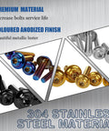 Assorted bolts from BAIONE Fairing Bolt Kit 195PCS Stainless Steel M5 M6, featuring anodized finishes for Yamaha Honda Kawasaki Suzuki BMW.