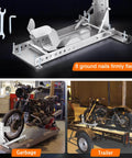 Heavy Duty Stainless Steel Motorcycle Wheel Chock Stand With Anti Rust Finish 3000 Lbs Load Capacity Universal Front Tire Stand For Motorcycles And Dirt Bikes Trailer Wheel Chocks Silver shown with mounted motorcycle and trailer setup